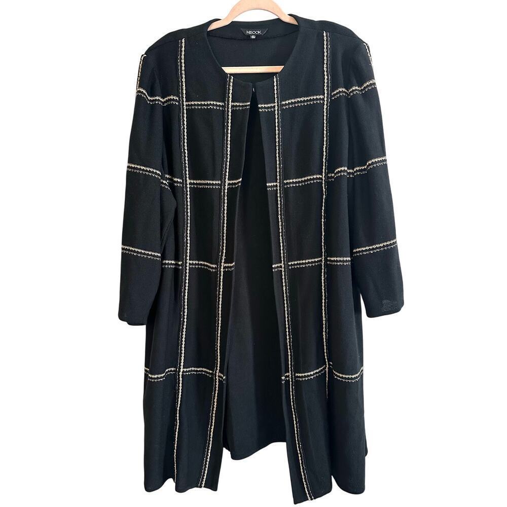 MISOOK Black Windowpane Knit Duster Gold Tweed Trim Jacket Cardigan - Sz 2X